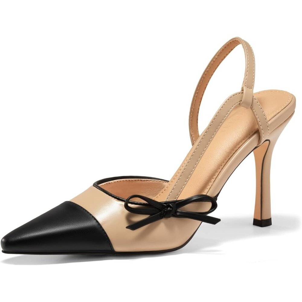 Women's Khaki Slingback High Heel Bow Tie Closed Pointed Toe Sexy Stiletto Shoes
